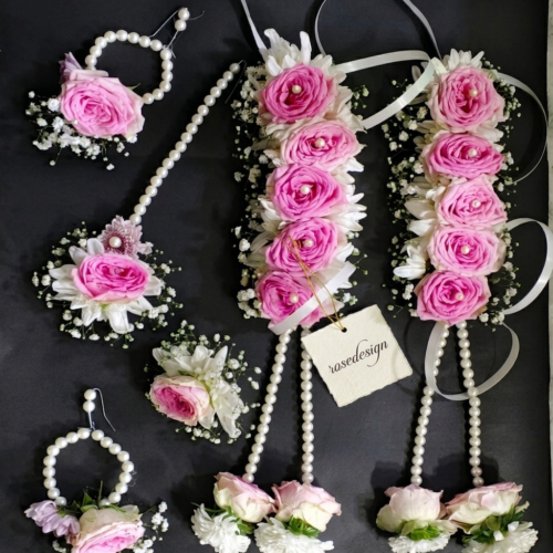 Handcrafted Pink Rose & Pearl Bridal Floral Jewelry