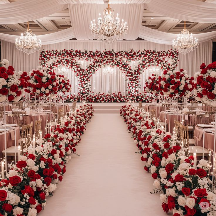 Grand Red & White Rose Wedding Banquet Decor