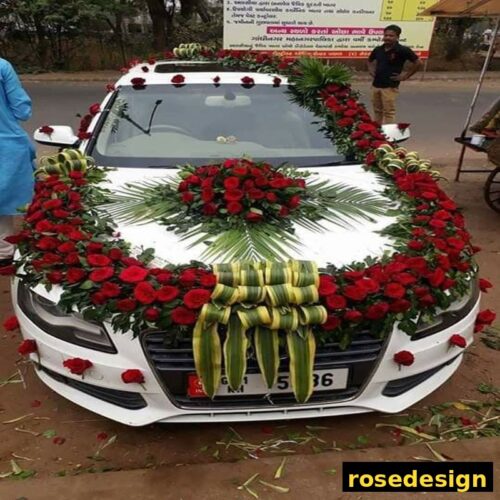 Wedding Car Decoration – Red Rose & Tropical Leaf Floral Decor