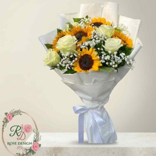 Premium mixed bouquet of sunflowers and white roses in white wrapping by Rose Design Lahore.